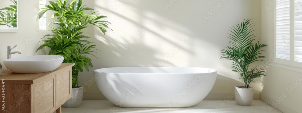 A large white bathtub adjacent to a white sink in a bathroom Nearby, a potted green plant adds a touch of nature A large white bathtub adjacent to a white sink in a bathroom Nearby, a potted green plant adds a touch of nature