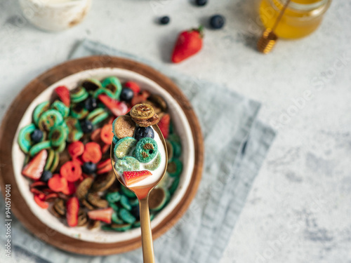 Trendy food - pancake cereal. Bowl of colorful mini cereal pancakes in spoon with milk. Tiny pancakes with natural color - green matcha, turquose spirulina, blue pea, red fragon fruit. Copy space photo