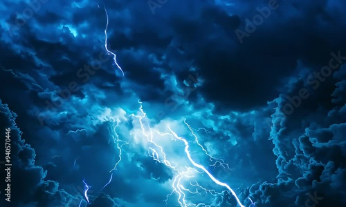Powerful blue lightning streaks illuminate the night sky