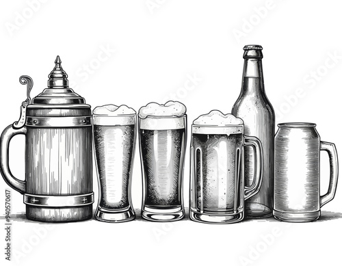 Beverage Lineup: Four Glasses of Beer and One Bottle of Ale