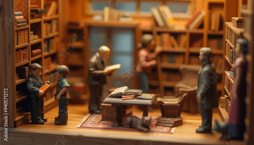 Bookstore Scene with Figures Engaging in Reading and Discussion