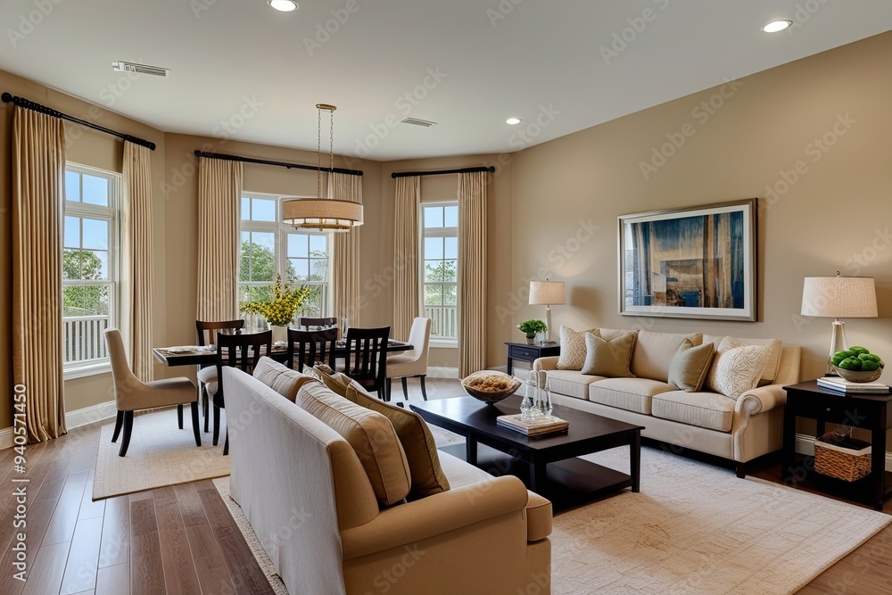 Cozy Beige Living Room Design with Dining Space and Relaxation Nook Cozy Beige Living Room Design with Dining Space and Relaxation Nook