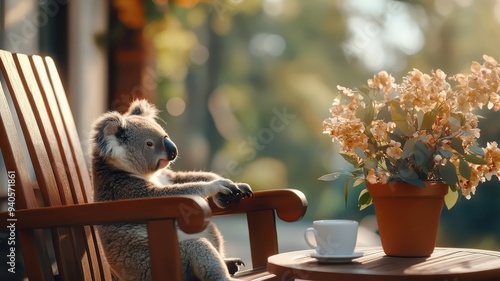 Koala wandering through a luxury garden with exotic plants and elegant decor, creating an enchanting atmosphere. photo