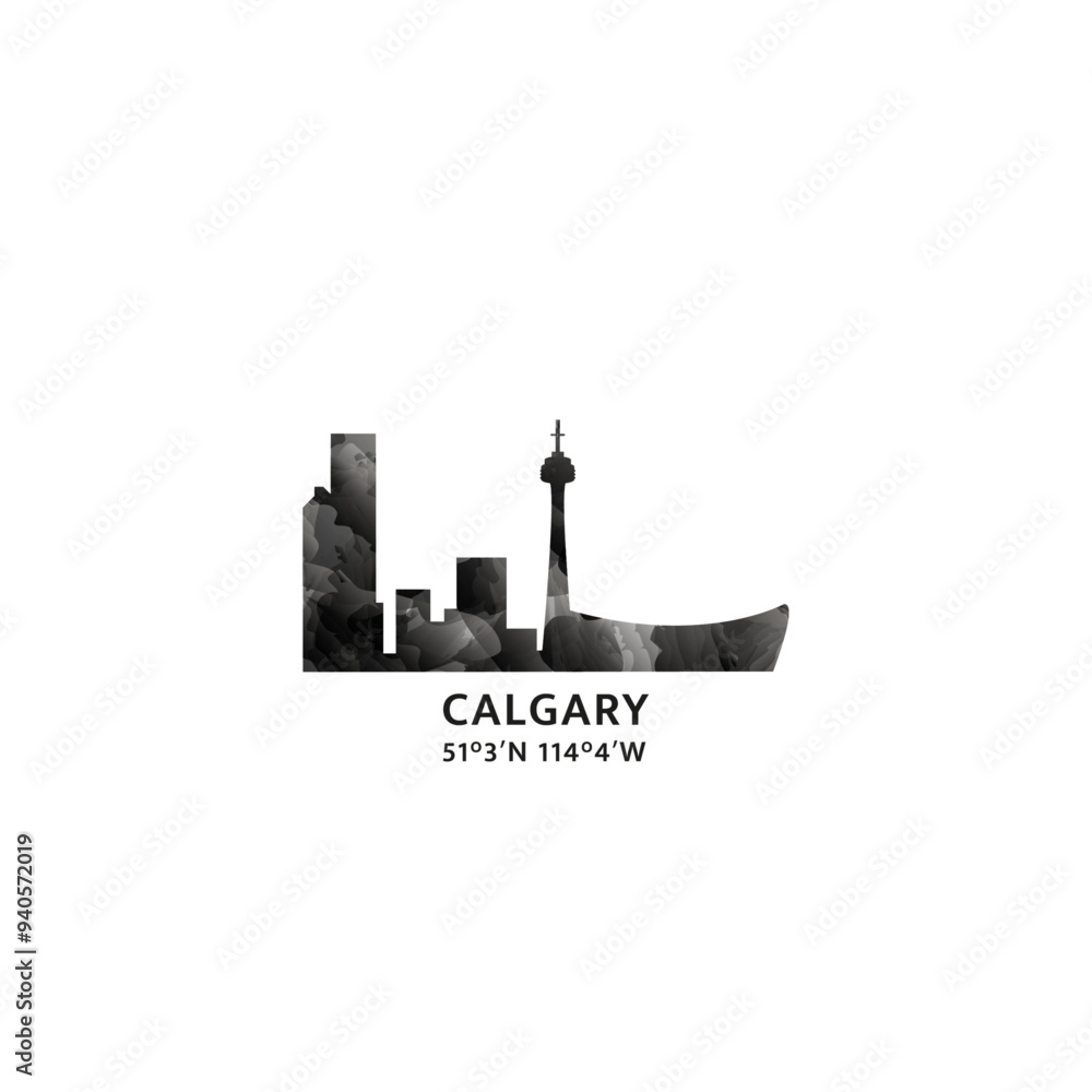 Calgary panorama, vector badge, skyline logo and icon. Canada, Alberta province city horizon logotype with landmarks and building silhouettes. Isolated foggy abstract gradient graphic Calgary panorama, vector badge, skyline logo and icon. Canada, Alberta province city horizon logotype with landmarks and building silhouettes. Isolated foggy abstract gradient graphic