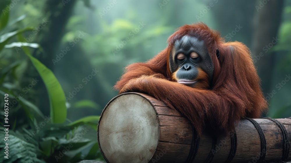Obraz premium Orangutan with wings soaring through a rainbow over a lush jungle, blending fantasy and strength in a colorful scene.