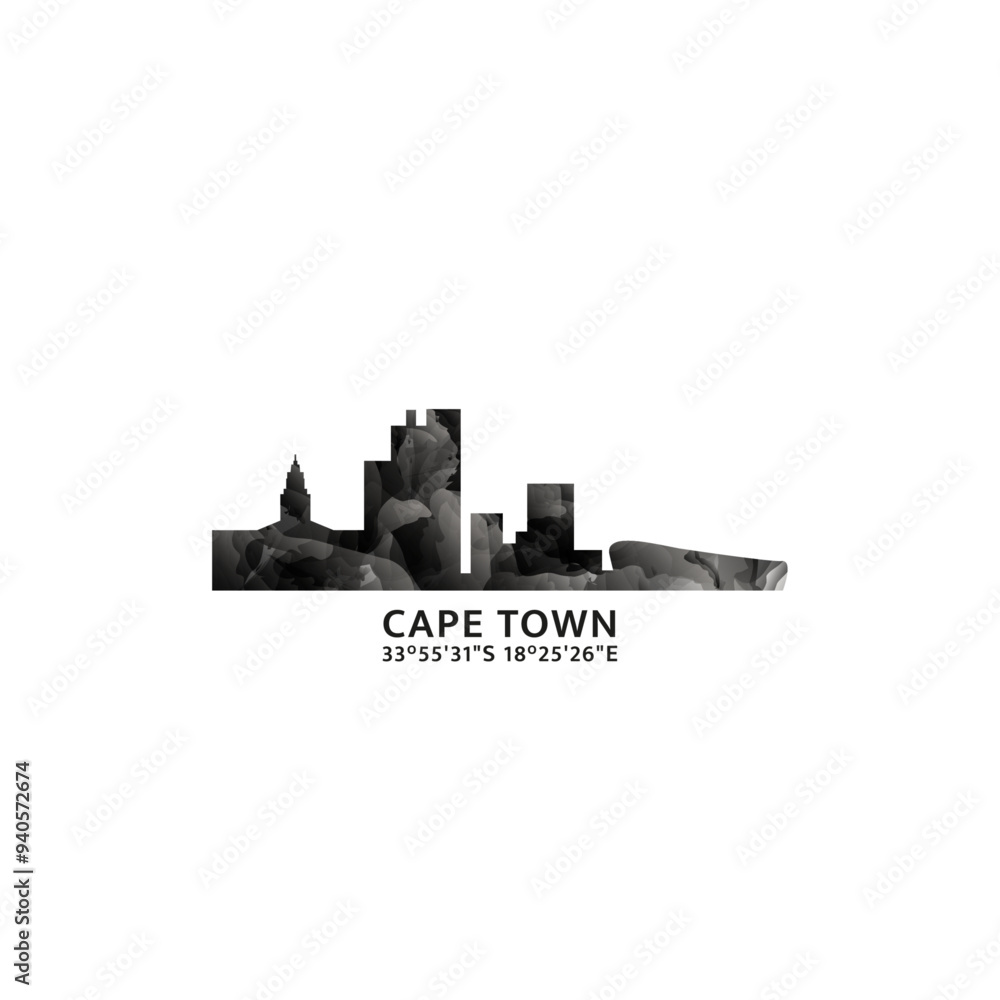 Cape Town panorama, vector badge, skyline logo and icon. South Africa city horizon logotype with landmarks and building silhouettes. Isolated foggy abstract gradient graphic Cape Town panorama, vector badge, skyline logo and icon. South Africa city horizon logotype with landmarks and building silhouettes. Isolated foggy abstract gradient graphic