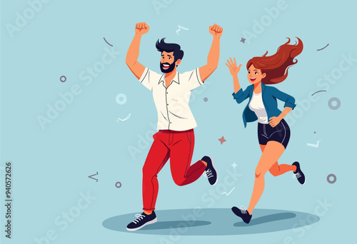 Celebration of Success: A Man and Woman Running Together