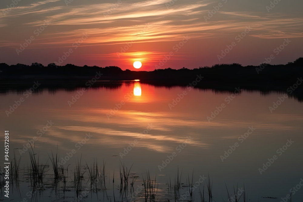 Obraz premium Serene Sunset Reflections on Calm Water with Glowing Light Effects