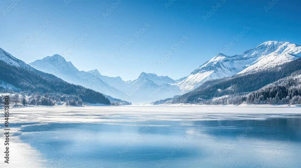 A Frozen Lake Nestled Between Snow-Capped Mountains A Frozen Lake Nestled Between Snow-Capped Mountains