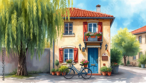Charming French-style house with blue door and bicycle, potted plants, and flowers, on a sunny day