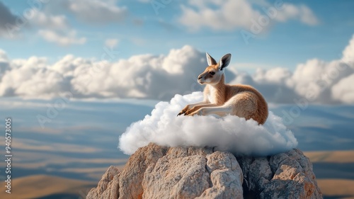 Kangaroo perched on a cloud above ancient rock formations, blending whimsy with natural elements. photo