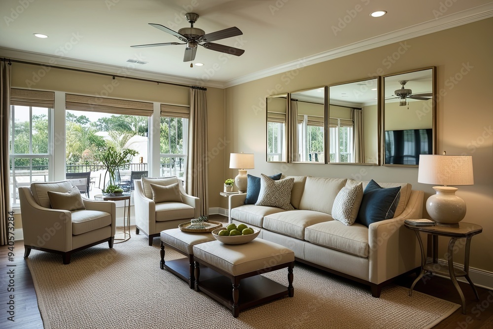Cozy Beige Lounge with Dining Area and Relaxing Space Bathed in Natural Light Cozy Beige Lounge with Dining Area and Relaxing Space Bathed in Natural Light