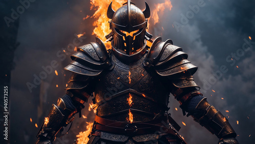 A knight in shining armor with a flaming sword, standing in a dark and stormy environment.