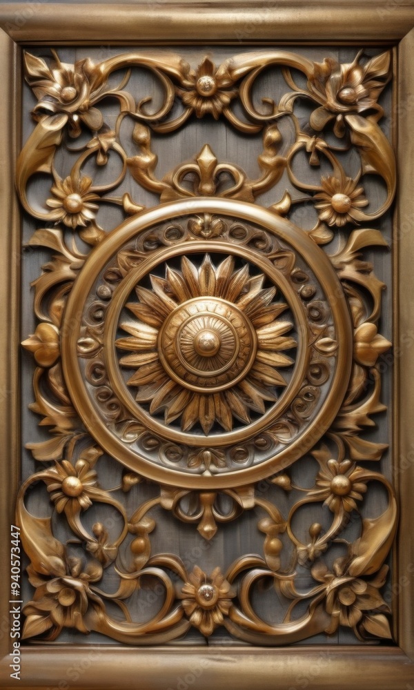Close-up ornate wooden panel circular design center made Baroque Close-up ornate wooden panel circular design center made Baroque