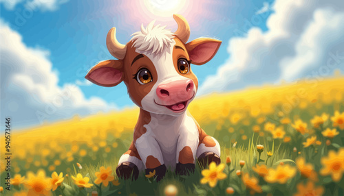 Cheerful Cow in a Field of Yellow Flowers