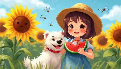Cheerful Girl with Dog and Watermelon in a Sunflower Field
