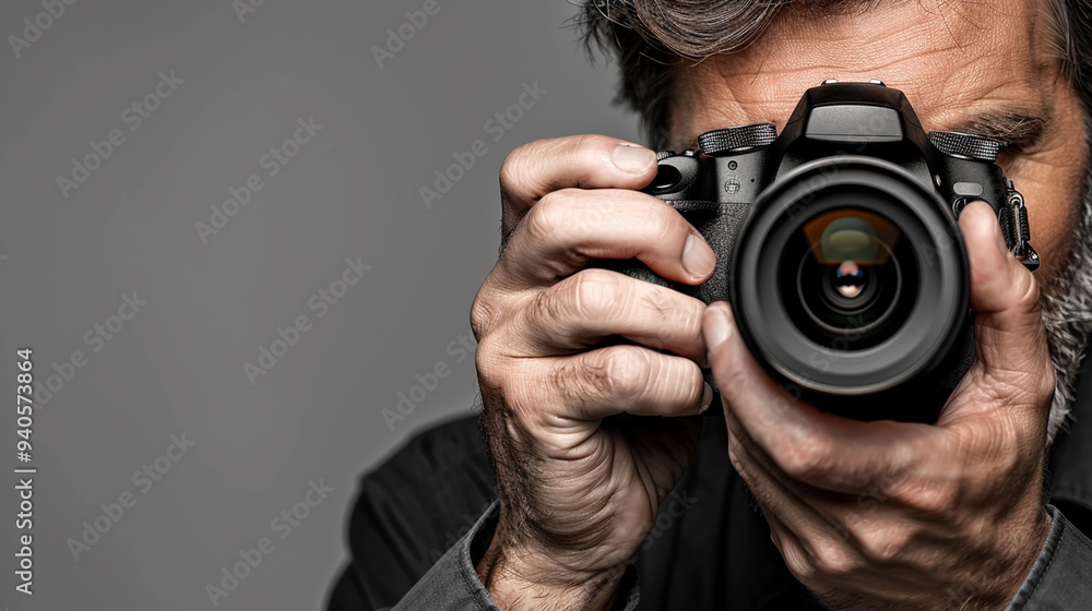 Professional Male Photographer Holding Digital Camera in Studio Professional Male Photographer Holding Digital Camera in Studio