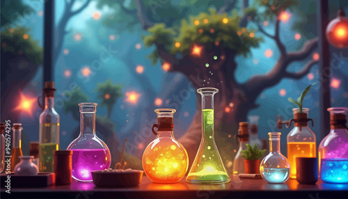 Chemistry Lab with Glowing Bottles and Luminous Reagents