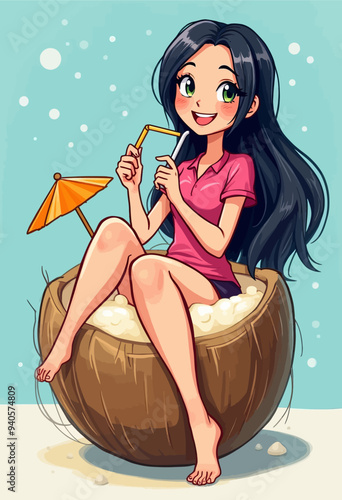 Chill Vibes: Woman in Coconut Chair with Umbrella, Smiling and Drinking