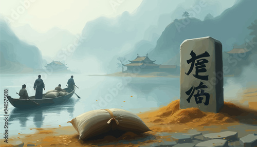 Chinese characters on stone pillar by waterfront with traditional buildings in background