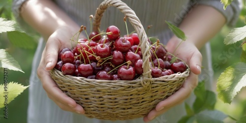 Person holding a basket of fresh cherries surrounded by green le
