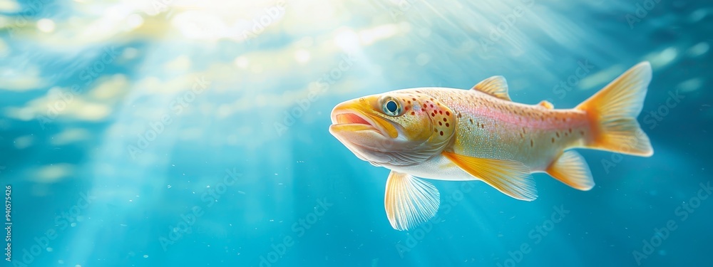 Naklejka premium A tight shot of a fish gazing at the camera in a water body illuminated by sunlight filtering through