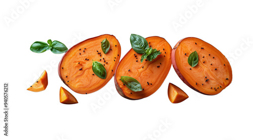 Spiced sweet potato pieces and basil leaves, created with Generative AI technology, PNG