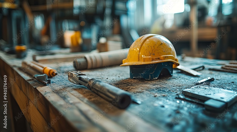 Construction Tools and Materials. Close-up view of essential tools for construction work Construction Tools and Materials. Close-up view of essential tools for construction work