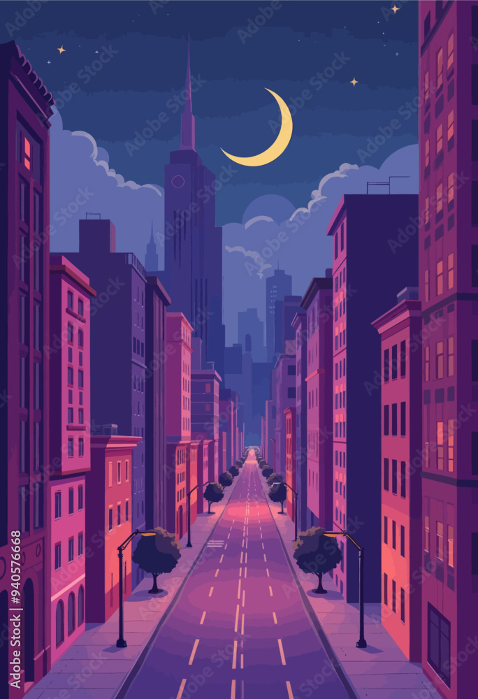 Cityscape at Night: Tall Buildings, Moonlit Sky, and Lamp-Lit Streets Cityscape at Night: Tall Buildings, Moonlit Sky, and Lamp-Lit Streets