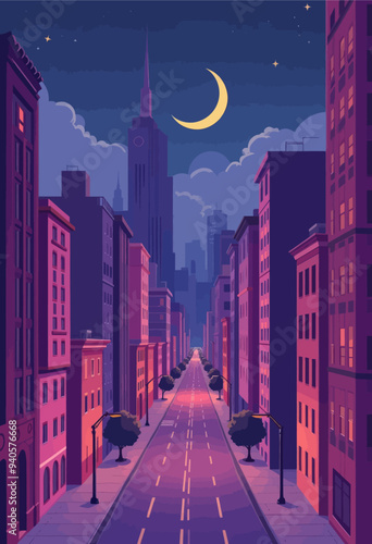 Cityscape at Night: Tall Buildings, Moonlit Sky, and Lamp-Lit Streets