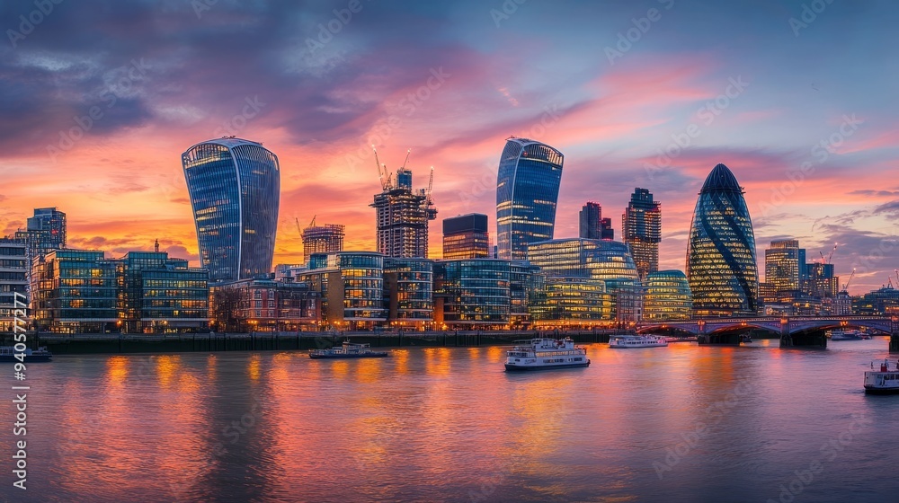 Fototapeta premium Sunset skyline by Thames River, London
