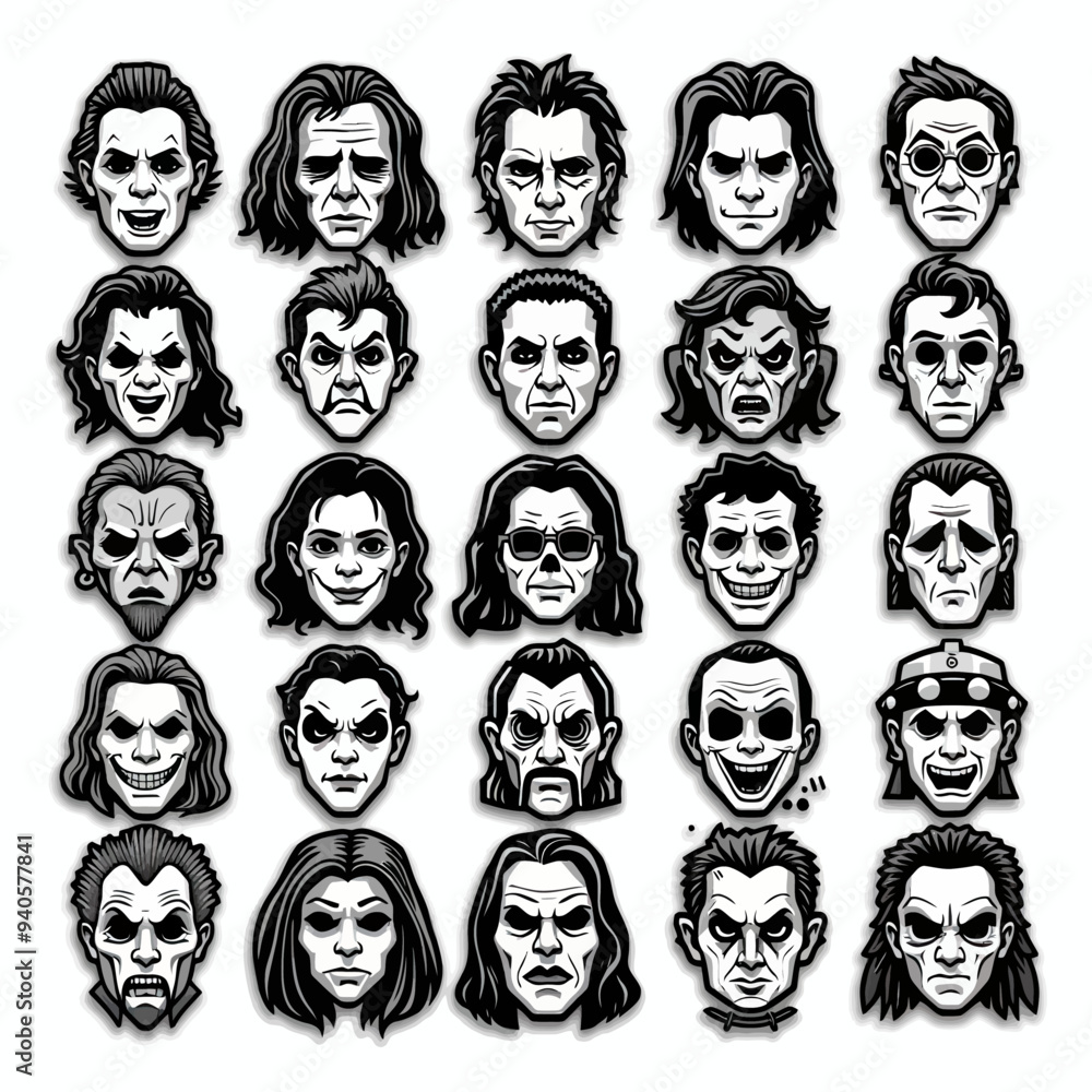 Collection of 16 Stylized Character Heads with Different Expressions and Hairstyles Collection of 16 Stylized Character Heads with Different Expressions and Hairstyles