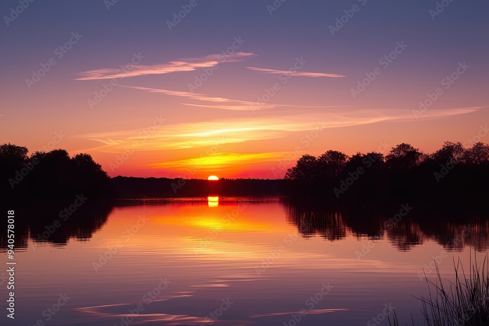 Fototapeta premium Peaceful Sunset Reflections on Tranquil Water with Radiant Light Effects