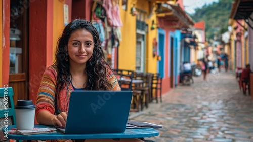 Latin woman works with laptop and coffee in colonial setting.