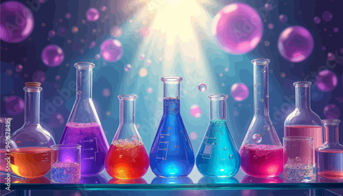 Colorful Chemistry Lab Setup with Glowing Bubbles in the Background