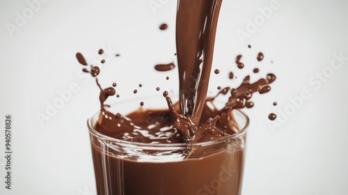 Chocolate Milk Pouring in Slow Motion, Delicious Drink in Glass Generative AI