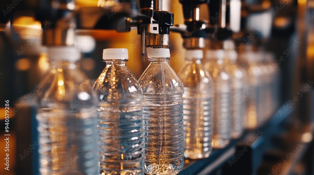 Machine fills bottles with water. Machine fills bottles with water.