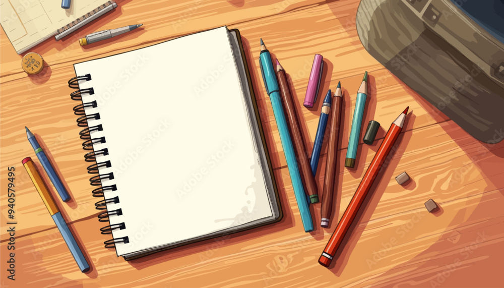 Creative Writing Tools: Pencils and Notebook on Wooden Desk Creative Writing Tools: Pencils and Notebook on Wooden Desk