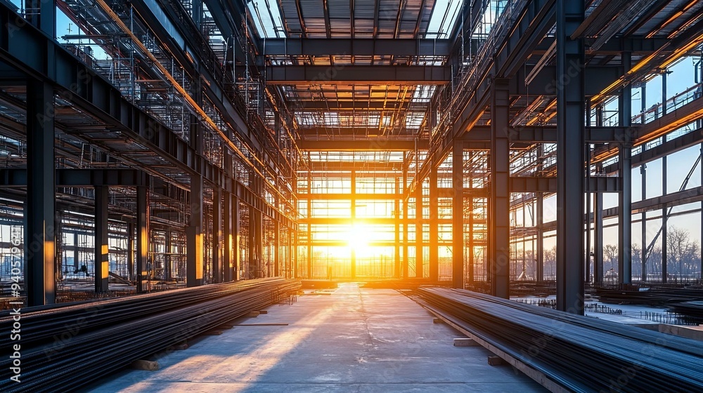 Dynamic Urban Development. Commercial construction projects with visible steel frame concept Dynamic Urban Development. Commercial construction projects with visible steel frame concept