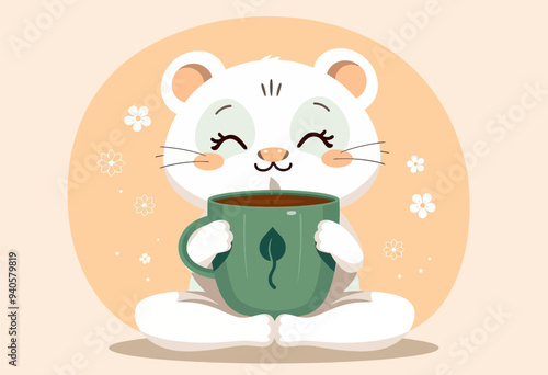 Cute Cartoon Kangaroo Holding Coffee Cup