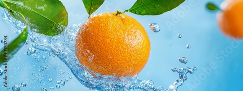  A tight shot of an orange submerged in water, with a leaf floating atop it, and an orange visible behind
