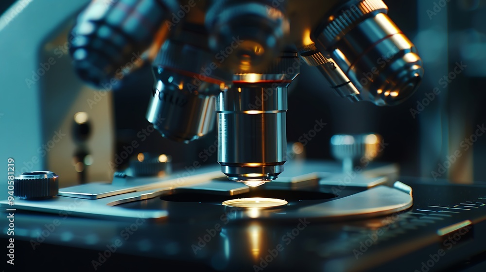 Close-up shot of a microscope with a metal lens, showcasing detailed textures and reflections, captured with a high-definition camera Close-up shot of a microscope with a metal lens, showcasing detailed textures and reflections, captured with a high-definition camera