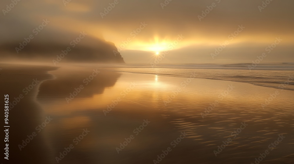 Moody Oregon coast: sunlight shines through fog onto damp sand Moody Oregon coast: sunlight shines through fog onto damp sand