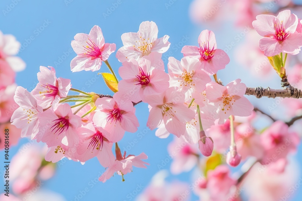 Obraz premium Beautiful and cute pink Kawazu Zakura (cherry blossom) against blue sky, wallpaper background. Tokyo, Japan , ai