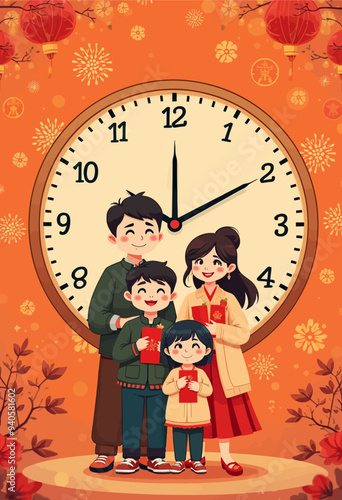 Family of Four Standing in Front of Clock, Celebrating New Year