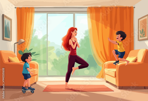 Family Time: Mother and Children Engaging in Yoga in a Brightly Lit Living Room