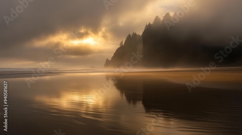 Oregon coast: golden rays paint wet sand through the fog photo