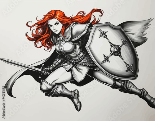 Fantasy Warrior with Shield and Sword, Red Hair, Armor, Medieval, Chivalry, Adventure