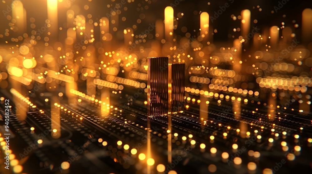 A digital landscape with glowing golden bars and lights, suggesting data and technology. A digital landscape with glowing golden bars and lights, suggesting data and technology.