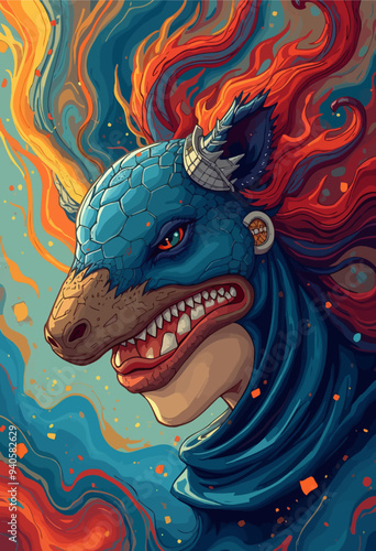 Fierce Fantasy Creature with Red and Blue Flames